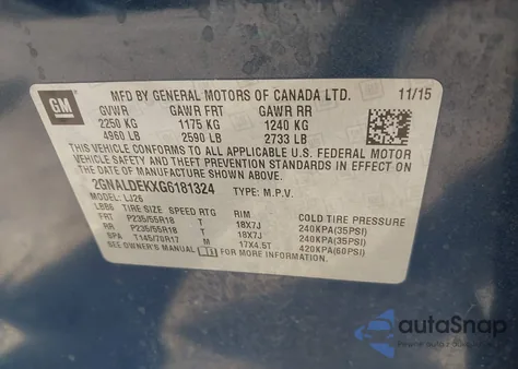 2016 Chevrolet Equinox Ltz из США, поврежденный, VIN 2GNALDEKXG6181324